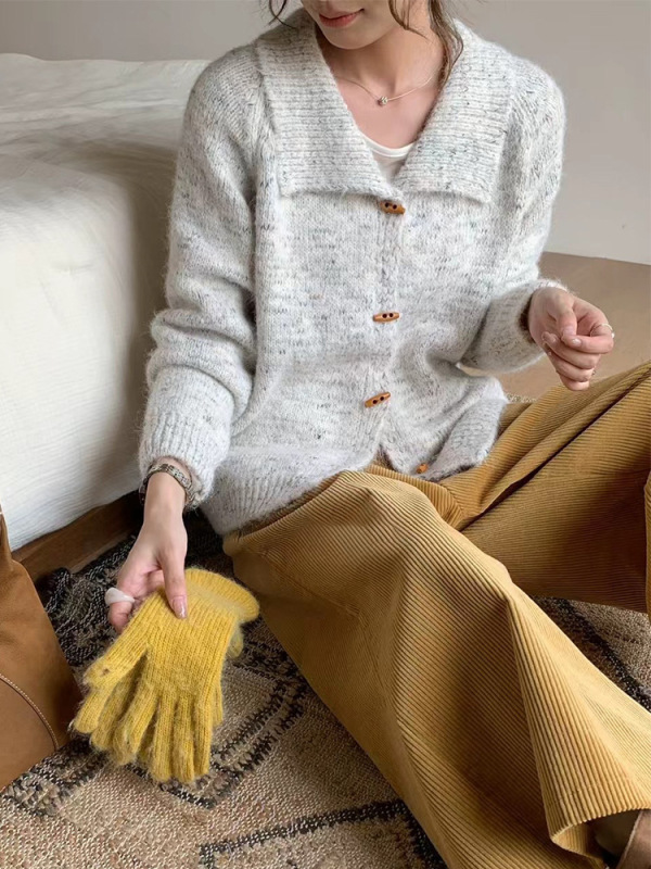复古杂线花色翻领牛角扣毛衣开衫女秋季新款宽松软糯针织外套上衣|undefined