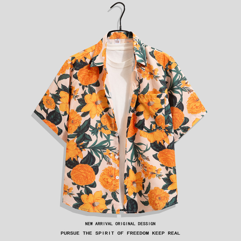 2024 Nuova camicia a maniche corte floreale in stile retrò di Hong Kong per uomo e donna, ampia e casual, stile street tailandese._voghion.com