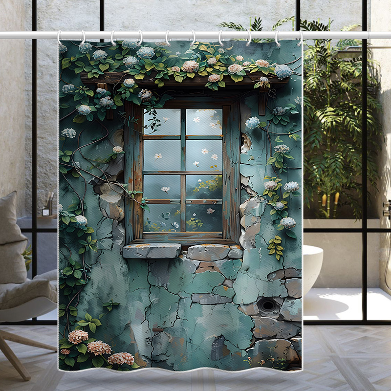 Cross-border Hot-selling Curtain Vintage Flower Window Waterproof Polyester Bathroom Curtain Shower Room Punch-free Curtain Door Window Short Curtain