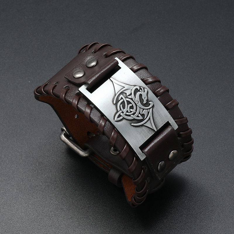 new jewelry simple woven leather bracelet simple Nordic mythology relief wide bracelet