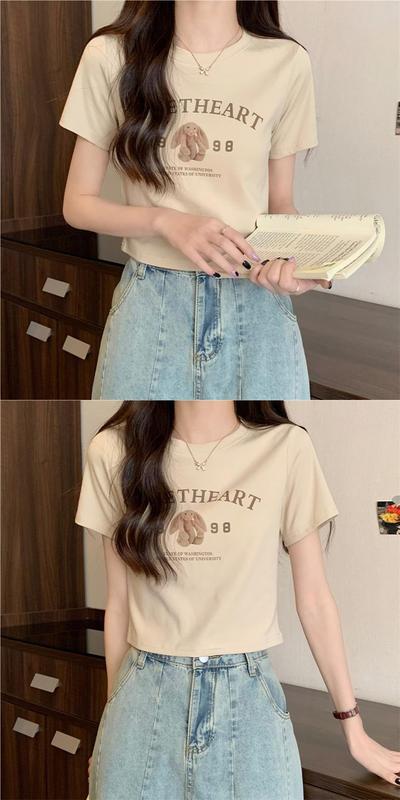 レタープリント半袖Tシャツレディース2025年夏新作右肩ショートスリム韓国風高級インナートップ|undefined