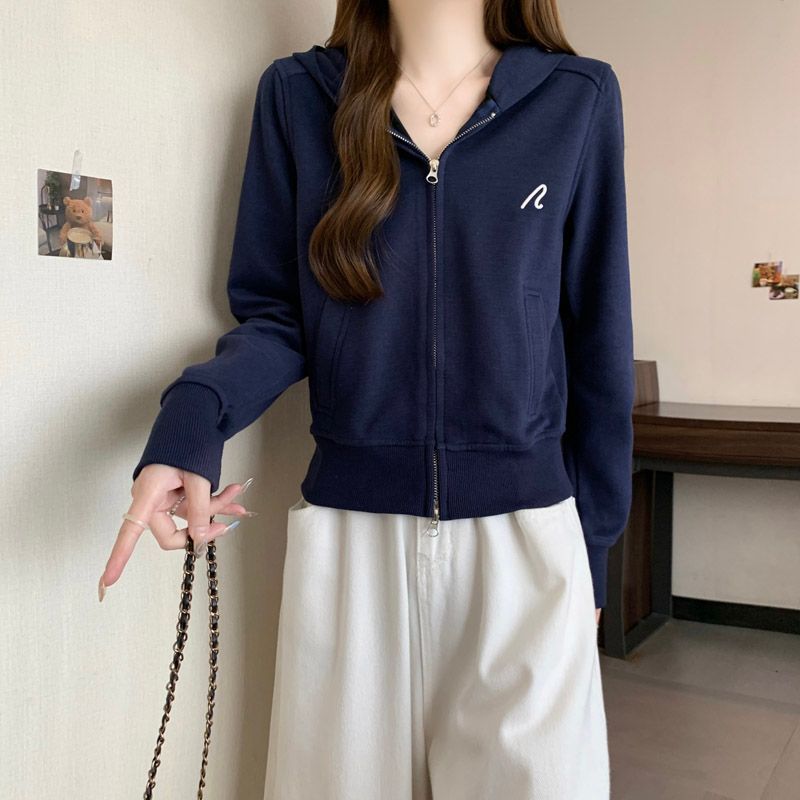 美式双拉链连帽卫衣女春秋季宽松韩版薄款短款大码刺绣上衣外贸|undefined