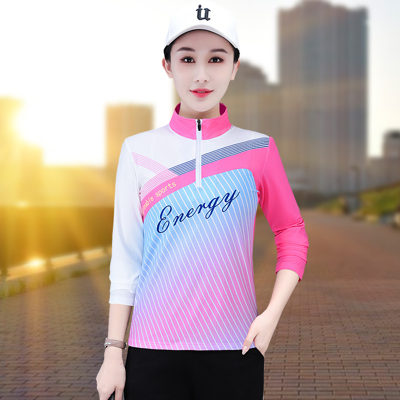 Color-Blocked Half-Open Chest Stand-Up Collar Fashionable Casual Sports Long-Sleeve T-Shirt for Women, Spring and Autumn Stylish Printed Mesh Quick-Dry Top