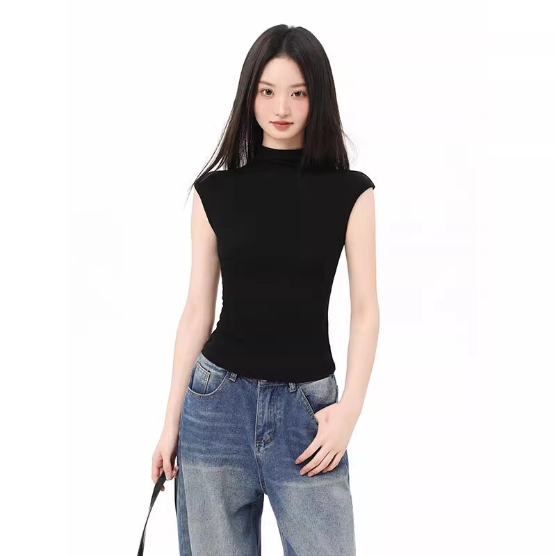 Iiiamx Black Half-High Collar Short-Sleeve T-Shirt for Women, Summer Slim Fit Sleeveless Top, 2026 New Model Iiiamx Black Half-High Collar Short-Sleeve T-Shirt for Women, Summer Slim Fit Sleeveless Top, 2026 New Model