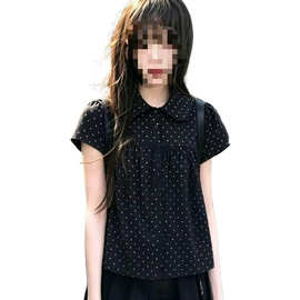 韩系甜美波点娃娃领短袖衬衫女夏季穿搭黑色衬衣小衫宽松显瘦上衣