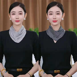 黄+白直播同款百搭时尚磁吸扣护颈磁扣双色三角巾条纹丝巾女围巾
