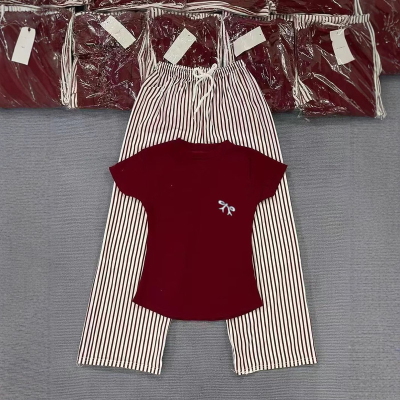 Foreign Trade Fashion suit Women's Bow Embroidered T-shirt Shorts Striped Loose Slimming Wide Leg Pants Casual Two-piece Set Foreign Trade Fashion suit Women's Bow Embroidered T-shirt Shorts Striped Loose Slimming Wide Leg Pants Casual Two-piece Set