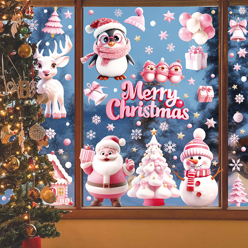 新しいピンクのクリスマスのクリスマスの窓は3dサンタクロースの家の雪のガラスの扉の装飾を貼って絵を貼ります。|undefined