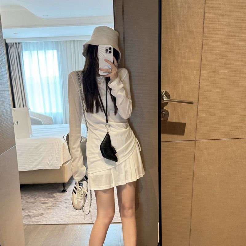胖妹妹300斤露背长袖上衣+半身短裙两件套女秋季大码宽松时尚套装|undefined