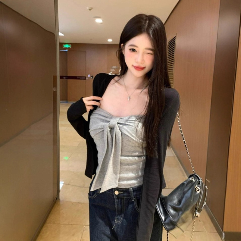 韩系高级感黑色长袖外套女早秋季2025新款开衫配抹胸吊带上衣套装|undefined