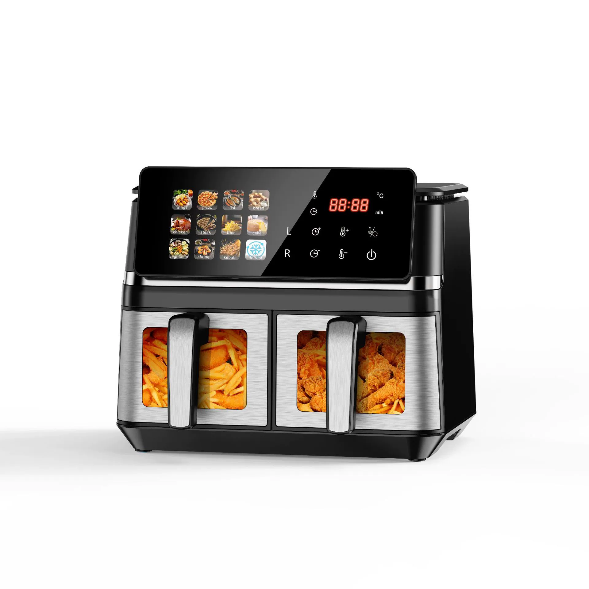 Двойная фритюрница (air fryer), большая ёмкость 5,5–12 л, сенсорный экран, нержавеющая сталь