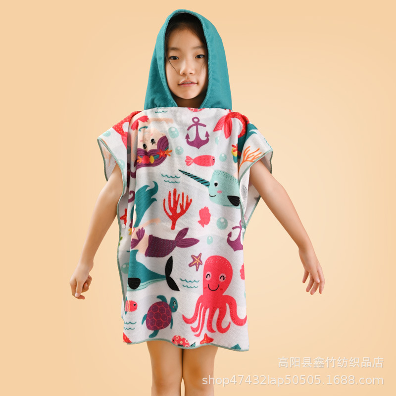 Children's Bath Towel Cloak Baby Hooded Bathrobe Thickened Cartoon Than Pure Cotton Absorbent Active Printed Towel Bath Towel