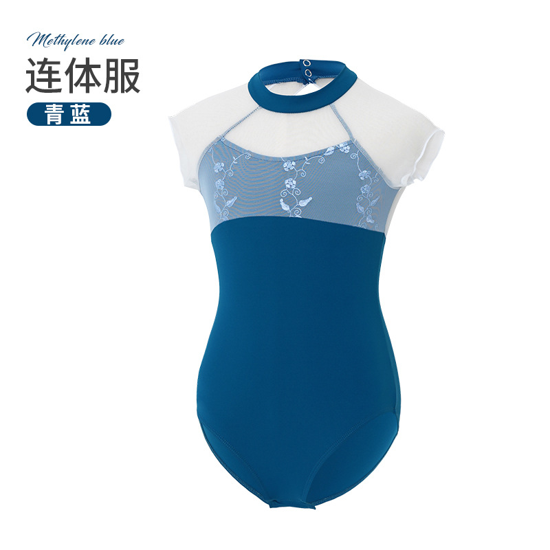 Ropa de baile para niños, ropa de entrenamiento de baile de nailon para niñas, ropa de rendimiento de cuello alto de temperamento bordado de manga corta de verano