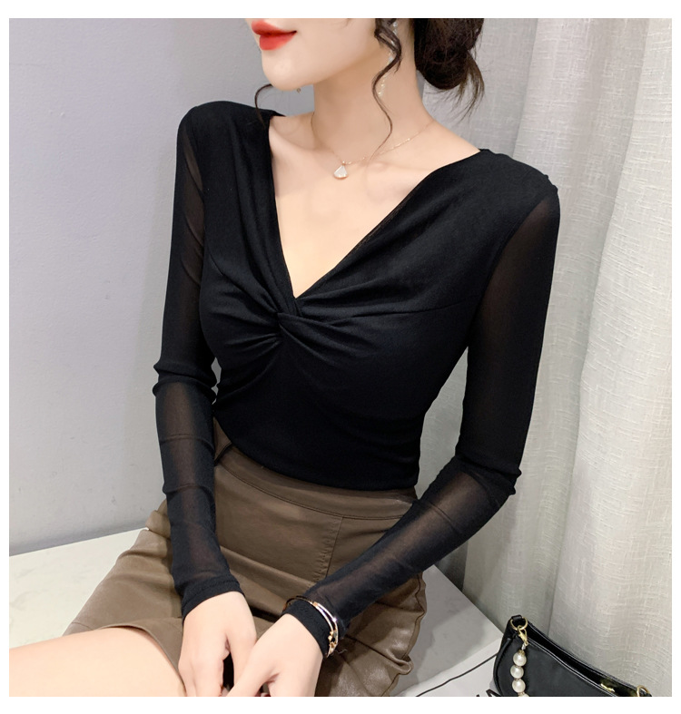 T-shirt da donna slim in rete a maniche lunghe con camicia slim a fondo incrociato_voghion.com