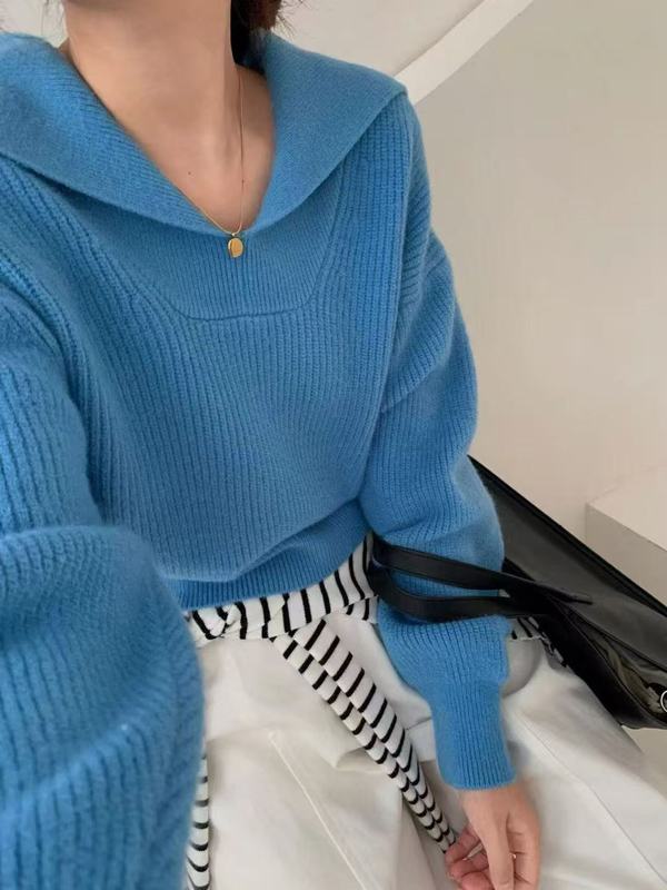 韩系秋冬新款翻领设计感纯色减龄短款休闲厚实套头毛衣女简约上衣|undefined