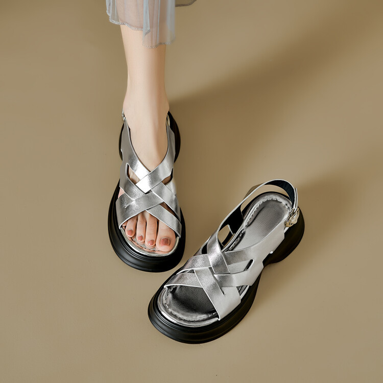 Sandal da cừu đế dày hở ngón tăng chiều cao nữ — Màu bạc, Màu mơ chi tiết 44
