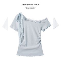 ピュアディザイアスタイルニットセーター斜め肩レース襟ストラップ半袖Tシャツ2025夏新作雰囲気ウエストトップ