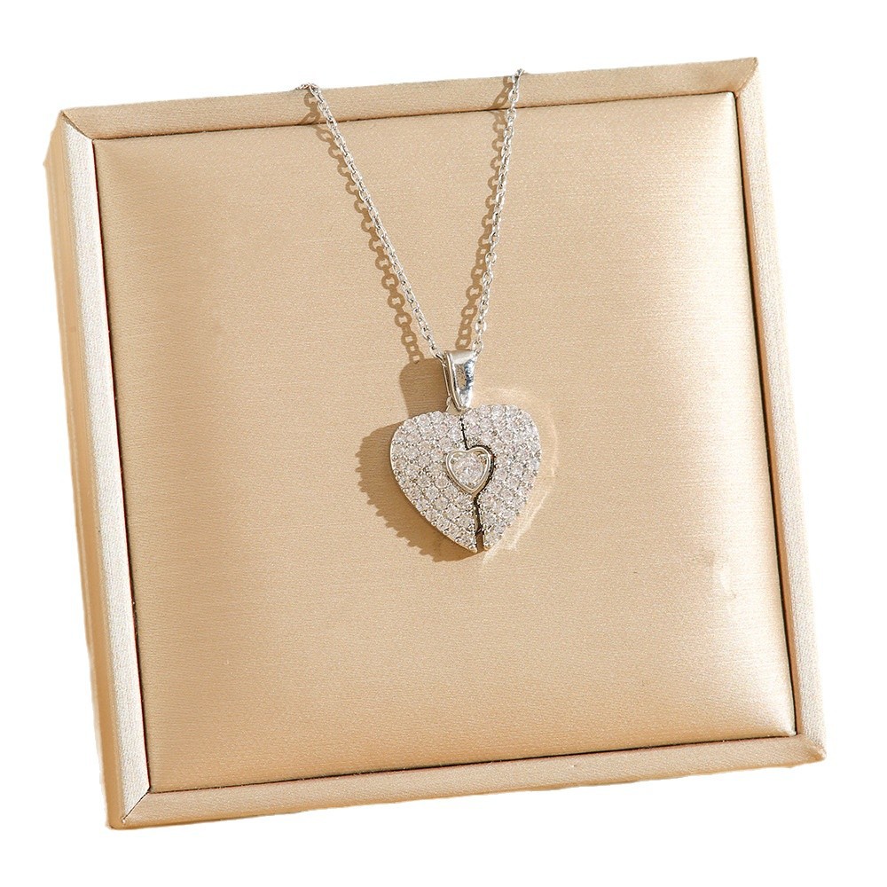 Open Heart Pendant Necklace In Titanium Steel With Full Diamond Inlay_voghion.com