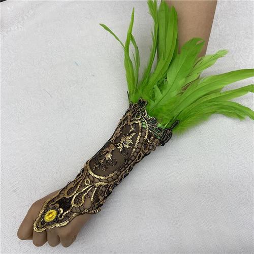 European and American Cross-Border Halloween Feather Bracelet Gothic Style Feather Gloves with Hollow Gold Lace Edge Ribbons Arm Cover