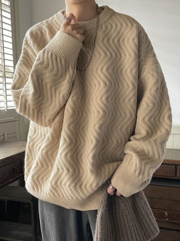 Japanese Style Solid Color Sweater Men's Autumn and Winter Lazy Style Textured Knitwear Loose Ins Fashionable Design Round Neck Sweater