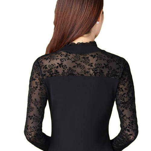 Spring and Autumn New Black Fungus Lace Net Mesh Camisole Top for Women, Slimming Long-Sleeve T-Shirt Top