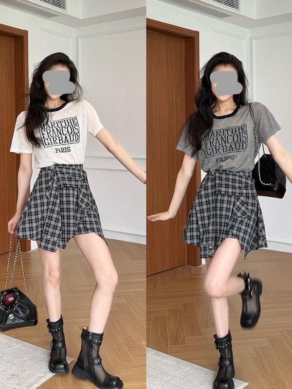 アメリカンレトロチェック柄スプライシング半袖シャツ女性の夏の新しいデザインニッチ偽ツーピース不規則なスカート|undefined