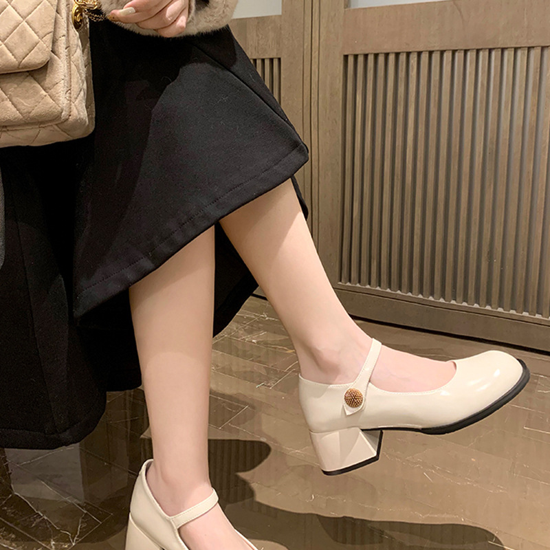 Selección estricta primavera nuevos zapatos de tacón grueso de una sola capa retro simple correa de punta redonda zapatos de tacón alto zapatos de tacón grueso JK zapatos Mary Jane