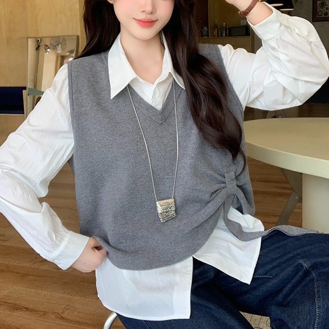 胖大码女休闲减龄针织马甲背心衬衣两件套72044马甲+23081衬衣|undefined
