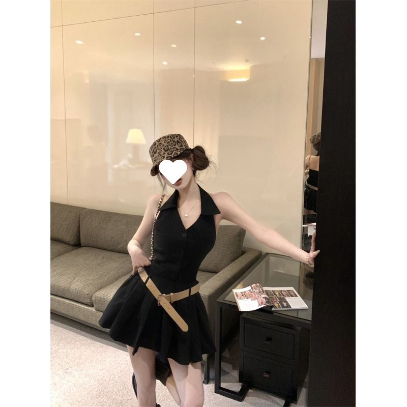 ホットガールイエローバックレスvネックホルターネックドレス女性の夏のスリムウエストスカート純粋な欲望スタイル痩身aラインスカート|undefined