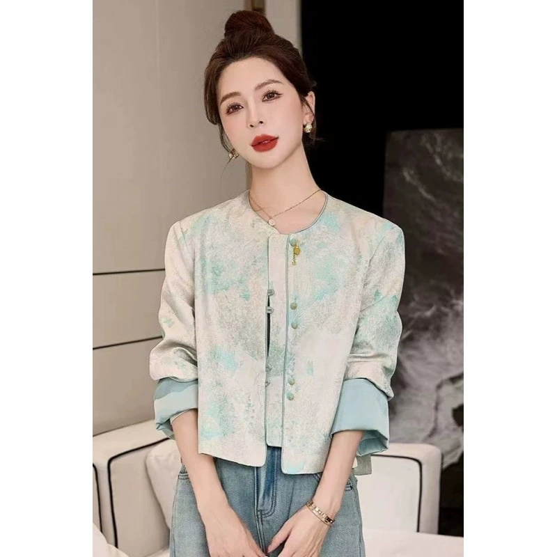 Новая куртка в китайском стиле для женщин, весна 2025, новая жаккардовая ретро-кнопка, высококачественная атмосферная куртка 7768