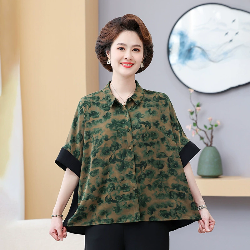 Средние и пожилые мамы толстеющие женские рубашки топ лето 2025 новая рубашка летучей мыши, покрывающий живот, лацканная рубашка