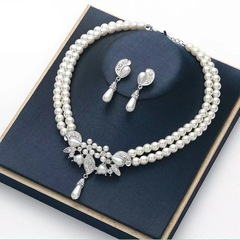 European and American jewelry wholesale, double-layered pearl necklace and earrings two-piece set, bridal dress accessories jewelry set
