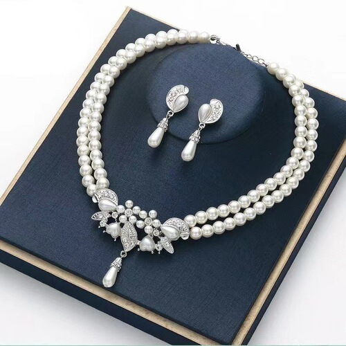 European and American jewelry wholesale, double-layered pearl necklace and earrings two-piece set, bridal dress accessories jewelry set