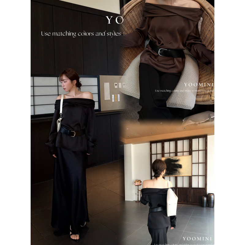 YOOMINI-光拂肩气质高雅长袖2025初秋上新衬衫(配腰带)M16591-SW|undefined