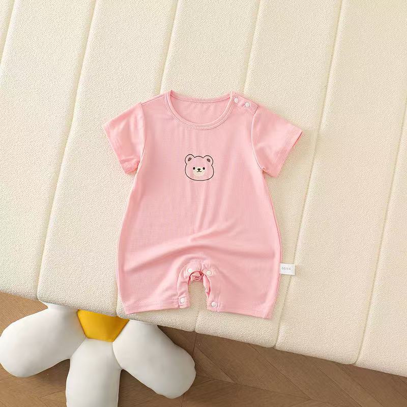 Verano de manga corta bebé de dibujos animados simple cabeza de oso vestido de verano delgado transpirable de una pieza traje de escalada lindo y ligero