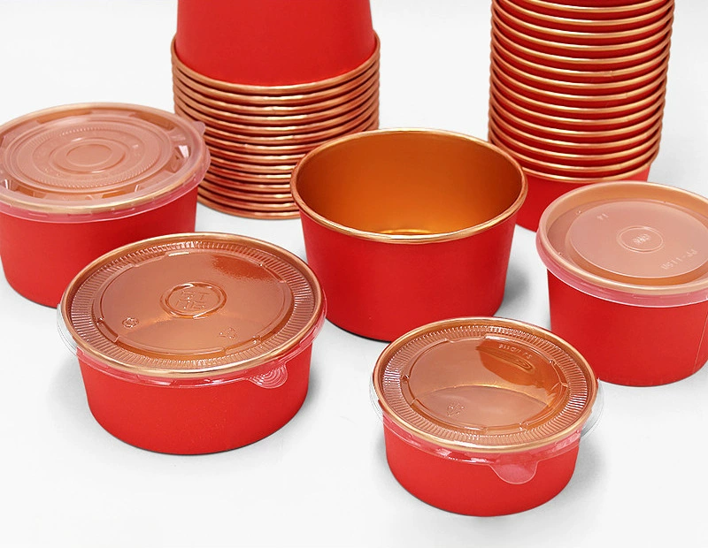 Большая красная золотая фольгированная одноразовая бумажная миска с крышкой, утолщенная термоизоляция, круглая, для праздников, свадеб, еды, фестивалей
