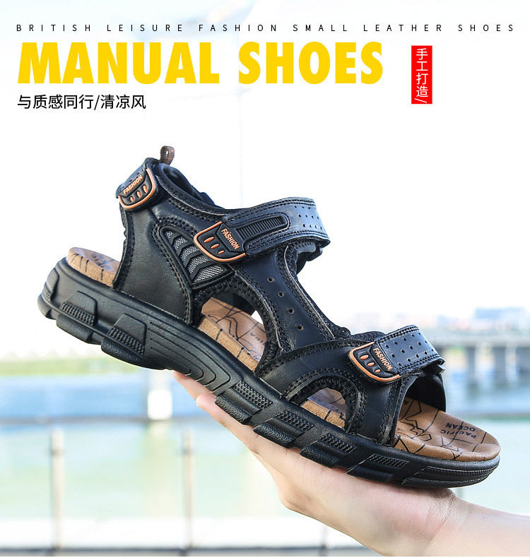 Dép sandal nam da bò hở mũi đế dày, quai buộc thoáng khí cỡ lớn — màu đen, vàng, Màu nâu chi tiết 2