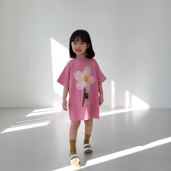 夏裝新款2024女童韓版裙子可愛花朵短袖棉休閒寬鬆童裝夏季連衣裙