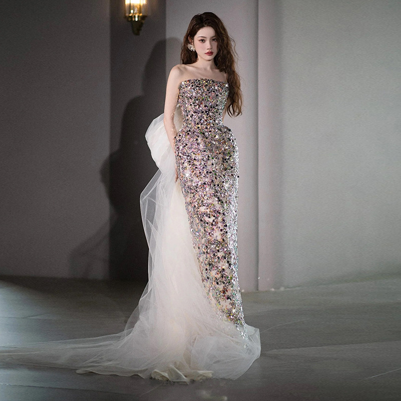 Vestido de noche sin tirantes con lentejuelas para mujer, nuevo modelo 2026, con elaborada artesanía, ideal para actuaciones solitarias, estilo de hada, ceremonias para adultos, banquetes, vestido de anfitriona.