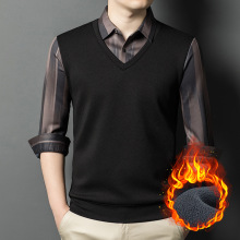 品牌高档男士加绒假两件衬衫秋冬季加厚长袖T恤上衣打底衫商务男