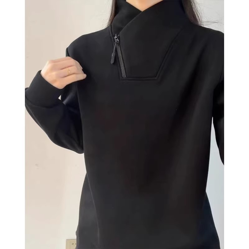 Versatile Diagonal Zipper Sweatshirt With High Neck Long Sleeves_voghion.com