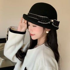 新款小香风山茶花羊毛礼帽女秋冬法式名媛毛呢盆帽优雅气质渔夫帽