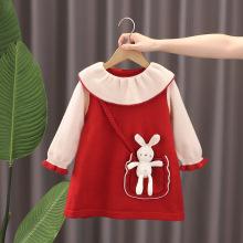 女童连衣裙洋气女宝宝裙子圣诞裙拜年服红色毛衣公主裙小熊针织裙