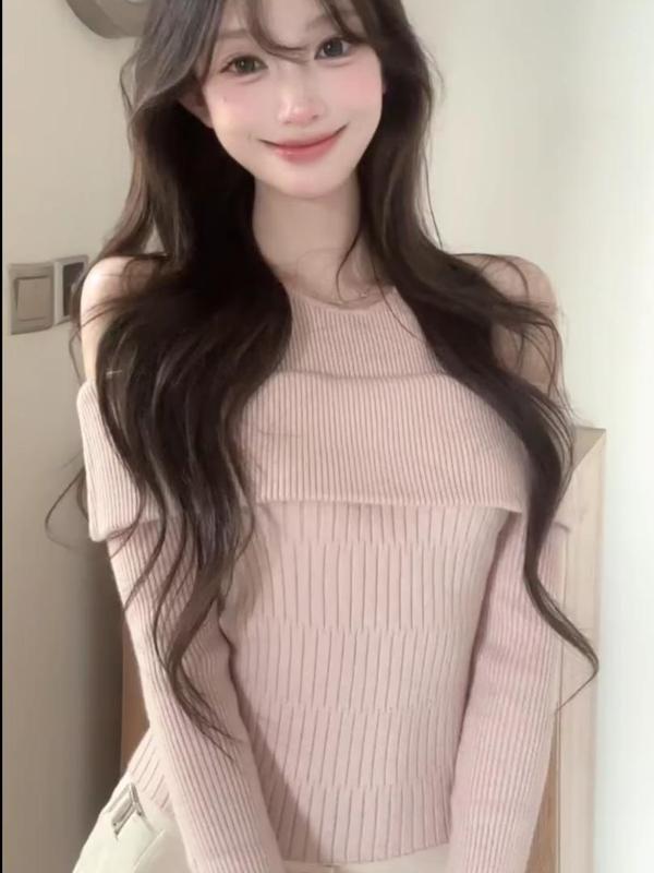 纯欲辣妹镂空露肩假两件一字领针织衫女秋季2025新款内搭长袖上衣|undefined