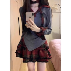 早秋美式甜辣妹格子连衣裙女夏季2025新款学院风公主蓬蓬短裙套装