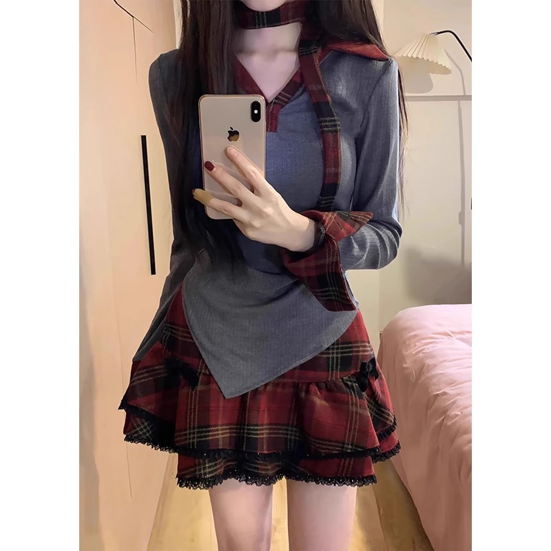 早秋美式甜辣妹格子连衣裙女夏季2025新款学院风公主蓬蓬短裙套装