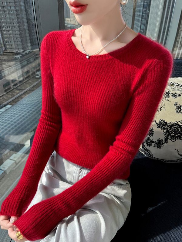 简约厚款圆领100羊毛衫女秋冬打底衫上衣修身新款百搭毛衣抽条|undefined