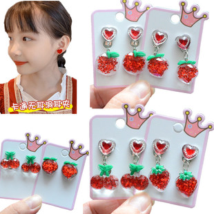 New cute fashion student earrings children's glitter red fruit love ear clip without pierced strawberry ear jewelry