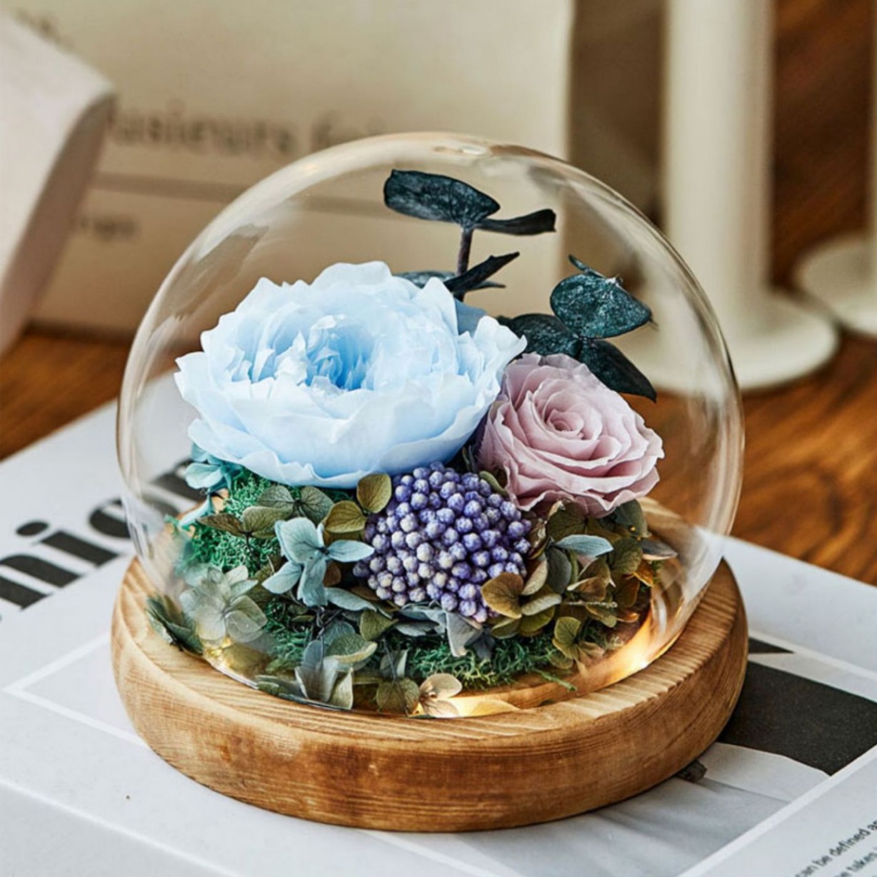 Flor eterna cubierta de vidrio rosa caja de regalo terminada Día de San Valentín boda novia regalo creativo decoración flor eterna