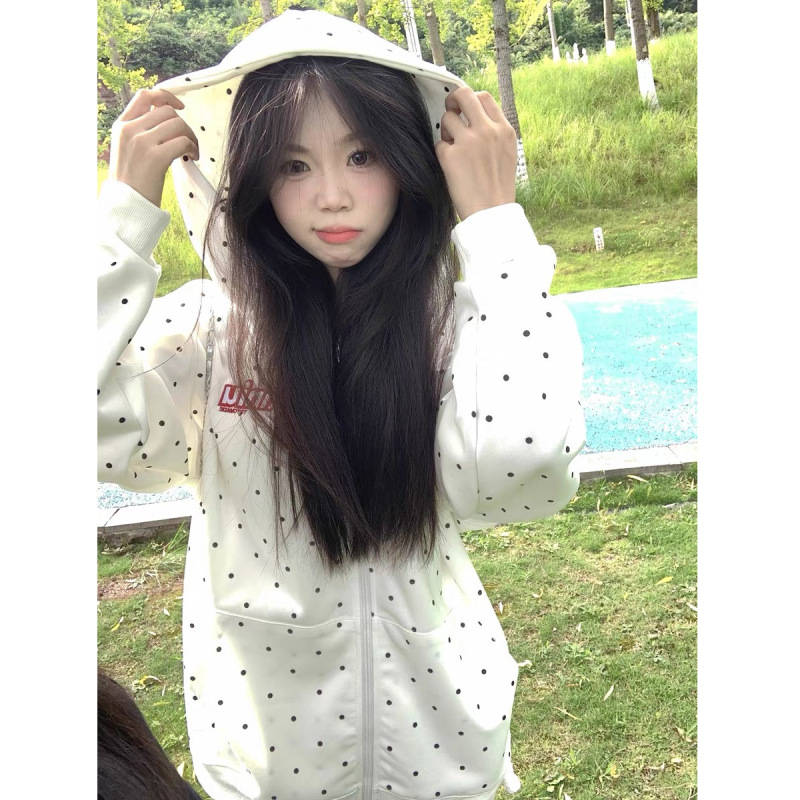 美式风拉链连帽卫衣女春秋大码胖mm穿搭休闲宽松长袖外套波点上衣|undefined